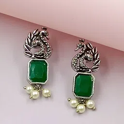 BLACKBOX Artificial Stone Studded Peacock Shaped Oxidised Drop Earring-30