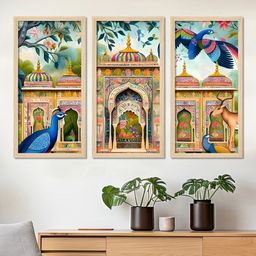ArtVibes 3 Pcs Blue & Yellow Printed Rectangle Wall Art-14
