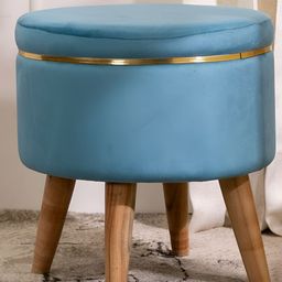 THREADVIBE LIVING Blue & Brown Wooden & Velvet Round Ottoman-image-14
