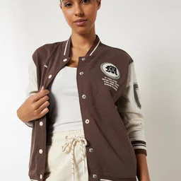 max Women Stand Collar Colourblocked Casual Varsity Cotton Jacket-picture-20