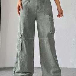 Crazeis Women Comfort High-Rise Light Fade Stretchable Wide Leg Cargo Jean-picture-1