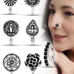 VAMA Women Set of 7 Pcs Silver Oxidised Clip on Without Non Piercing Nosepin-2