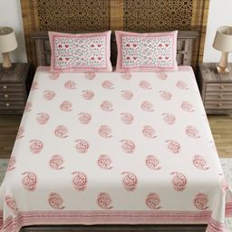 Sangria White & Pink Ethnic Motifs Pure Cotton 210TC Double King Bedsheet Set-2.74mx2.28m-image-82