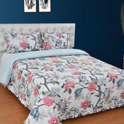 MORADO Blue & Beige Printed  120-179TC Double Queen Bed Cover With 2 Pillow Covers-image-49