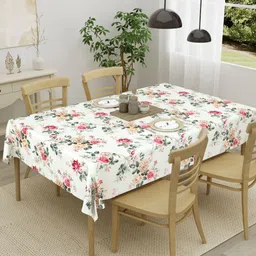 Clasiko Off White & Yellow Floral Printed Anti-Skid Pure Cotton 4-Seater Table Cover-29