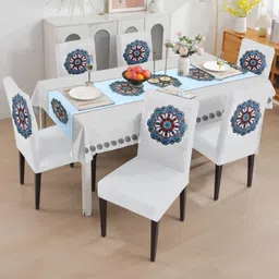Cortina Set Of 7 White-Colored & Blue Printed Table Chair Cover-23