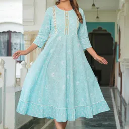 YASH GALLERY Floral Printed Round Neck Three-Quarter Sleeves Cotton Fit and Flare Dress-image-33