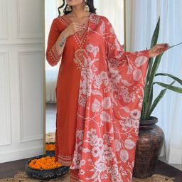 Navlik Floral Yoke Design V-Neck Sequnnied Straight Kurta With Trousers & Dupatta-picture-11