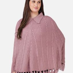 JoE Hazel Women Cable Knit Self Design Shirt Collar Longline Poncho-image-65