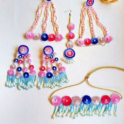 Sangria Pink Gold-Plated Artificial Beaded Boho Bridal Tasseled Jewellery Set-image-100