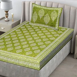 POORAK Green & White Ethnic Motifs 104 TC Single Cotton Bedsheet Set 2.74 m x 2.74 m-image-21