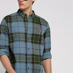 SHOWOFF Standard Slim Fit Tartan Checks Button-Down Collar Cotton Casual Shirt-image-90