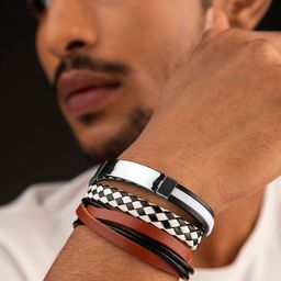 The Roadster Lifestyle Co Men 3 Brown & Black Leather Handcrafted Multistrand Bracelet-image-34