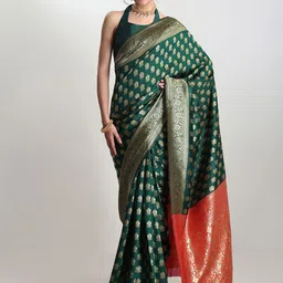 Janasya Ethnic Motifs Zari Silk Blend Banarasi Saree-picture-8