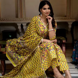 ELVISH JAIPUR Women Ethnic Motifs Printed Regular Pure Cotton Kurta with Palazzos & With Dupatta-8