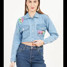 Lahaba Women Typography Crop Denim Jacket-17