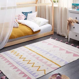 THEGASBH White Geometric Hand-Tufted Cotton Carpet-46