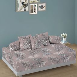 Aura Set Of 6 Brown & Green Printed Floral TC Cotton Diwan Set-14