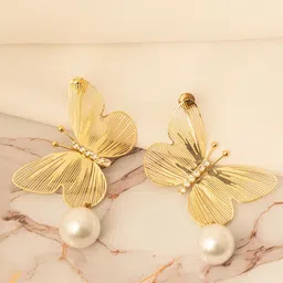 VOGUE PANASH Gold-Plated Artificial Stones and Pearls Beaded Animal Shaped Drop Earrings-82
