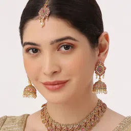 Anouk Gold-Plated Artificial Stone-Studded & Beaded Jewellery Set With Maangtikka-image-18