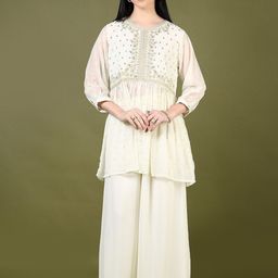 LIMEROAD Ethnic Motifs Pleated Sequinned Kurta with Palazzos-48