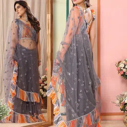 Peachmode Embellished Mirror Work Net Saree image 3