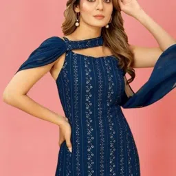 PARROT CREATION Floral Embroidered Georgette A-Line Kurti With Sharara And Dupatta image 4
