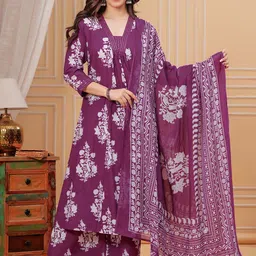 MEERA FAB Floral Printed V-Neck Pure Cotton Anarkali With Trousers & Dupatta-image-59