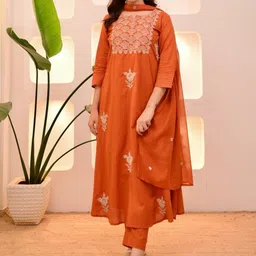 MILAAV Women Ethnic Motifs Embroidered Pure Cotton A-Line Kurta with Trouser & Dupatta-picture-19