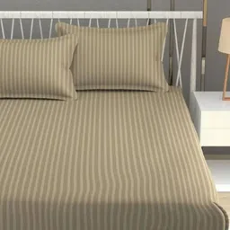 Bedbathandbliss Nude-Coloured Striped 300 TC Bedsheet with 2 Pillow Covers-image-60