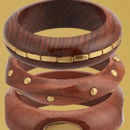 ATIBELLE Set Of 3 Gold-Plated Beaded & Round-Square Twisted Shaped Wooden Bangles-4