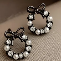 DressBerry Cubic Zirconia Studded & Pearls Beaded Bow Shaped Studs-77