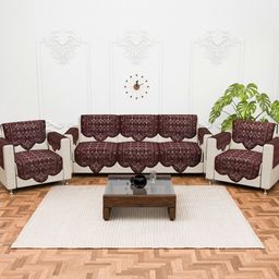 RUBOXA Brown & Off White Printed Cotton Sofa Cover With Arms-image-34