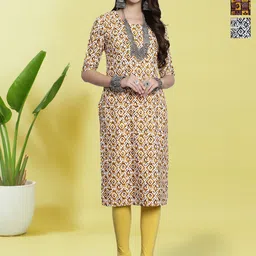 HERE&NOW Selection Of 3 Ethnic Motifs Printed Round Neck Straight Kurta-image-54