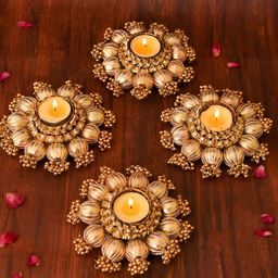 Aapno Rajasthan Gold Toned 4 Pieces Embellished Metal Diyas With Tea Light Candles-image-4