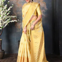 Areca Designer Ethnic Motifs Zari Linen Blend Banarasi Saree-image-45