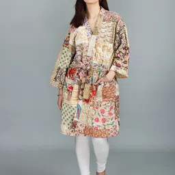 Exotic India Vintage Quilted Cotton Handmade Kantha Kimono Robe-47