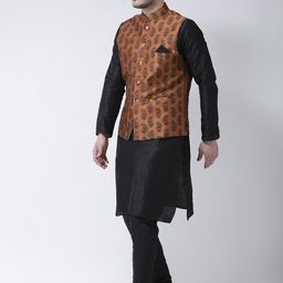 DEYANN Men Black Solid Kurta Set with Nehru Jacket image 2