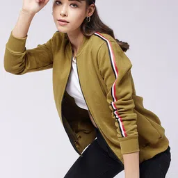 DressBerry Olive Green Mandarin Collar Fleece Bomber Jacket-image-37