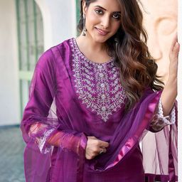 KALINI Embroidered Yoke Design Regular Sequinned Straight Kurta With Trousers & Dupatta image 4