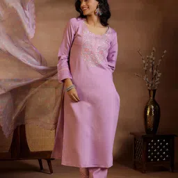 Libas Ethnic Motifs Embroidered Thread Work Straight Kurta With Trousers & Dupatta-image-29