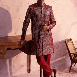 SHRESTHA BY VASTRAMAY Embellished Georgette Sherwani Set-image-20