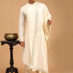 SHRESTHA BY VASTRAMAY Men Asymmetric A-Line Kurta With Churidar And Mirror Work Dupatta image 5