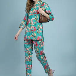 all about you Turquoise Blue & Pink Tropical Printed Tunic With Trousers Co-Ords-picture-56
