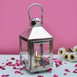 Akhand Diya with Glass Cover , Brass Diya with stand for Puja Room Steel Table Diya Set-image-14