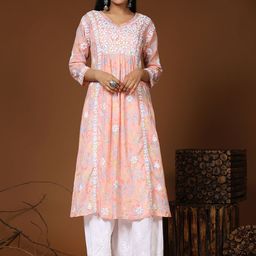 HOUSE OF KARI V-Neck Floral Printed Chikankari Pleated A-Line Pure Cotton Kurta-image-38