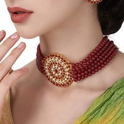 Shining Diva Gold-Plated Maroon & White Stone-Studded & Pearl Beaded Antique Jewellery Set-24