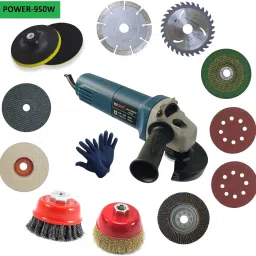 Electric Angle Grinder Machine with 1pair Glove 2pc Vecro pad 1pc 4inch (Felt Flap Metal Cutting Grinding Marble Wood Wheel ) 1p 5inch Backing Pad 2pc 3inch Golden and Twisted Cup brush set Angle Grinder-25