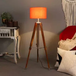 pristine interiors Orange Cotton Shade Tripod Floor Lamp With Teak wood Base-picture-23