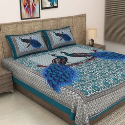 METRO LIVING Green & Blue Ethnic Motifs Printed Cotton 104 TC Queen Bedsheet Set-image-16